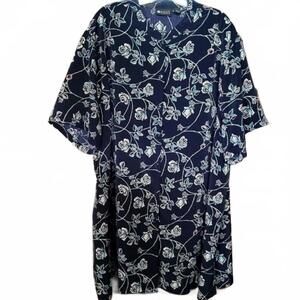 Maggie Barnes Navy Blue Rose Floral Short Sleeve Button Down Shirt Plus Size 34